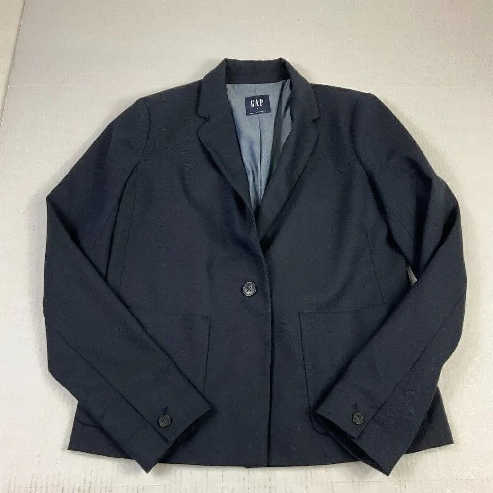 GAP Womens Blazer Blue Button Front Pockets Work Career Lined Jacket Size 4